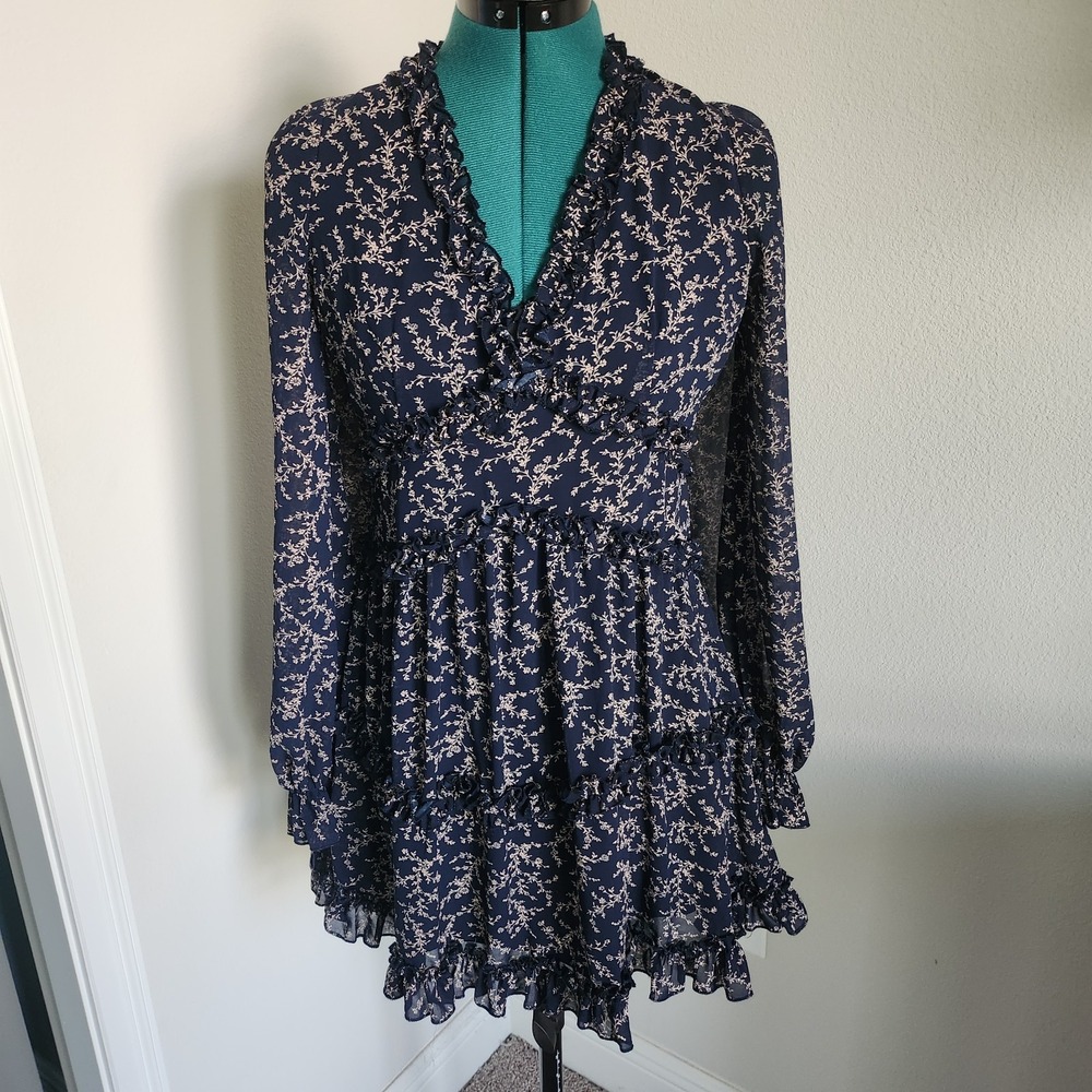Forever 21 Womens Tiered Blue Floral Ruffled Babydoll Dress Lined Size Medium